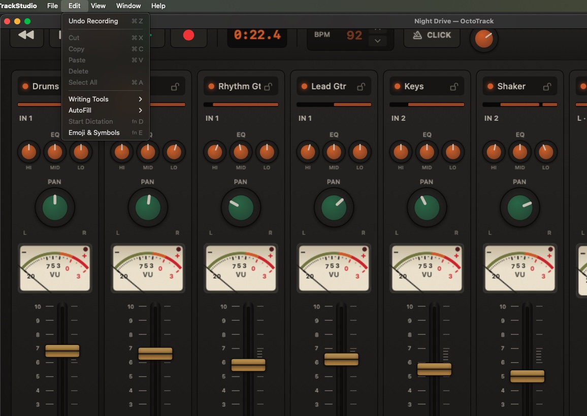 The Edit menu open over the console, showing the single Undo Recording command (⌘Z) — the one level of take undo.