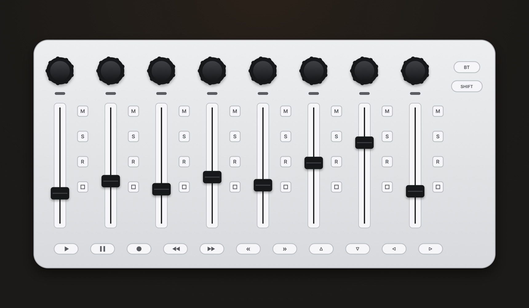 Illustration of a compact Mackie Control surface: eight faders with mute, solo and record buttons, eight V-Pot knobs and a transport row — the layout OctoTrack maps automatically.