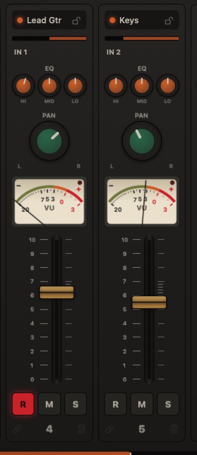 Two channel strips up close: the Lead Gtr track armed with its red REC button lit, EQ knobs, pan, a VU needle mid-swing and the fader where the hand left it.